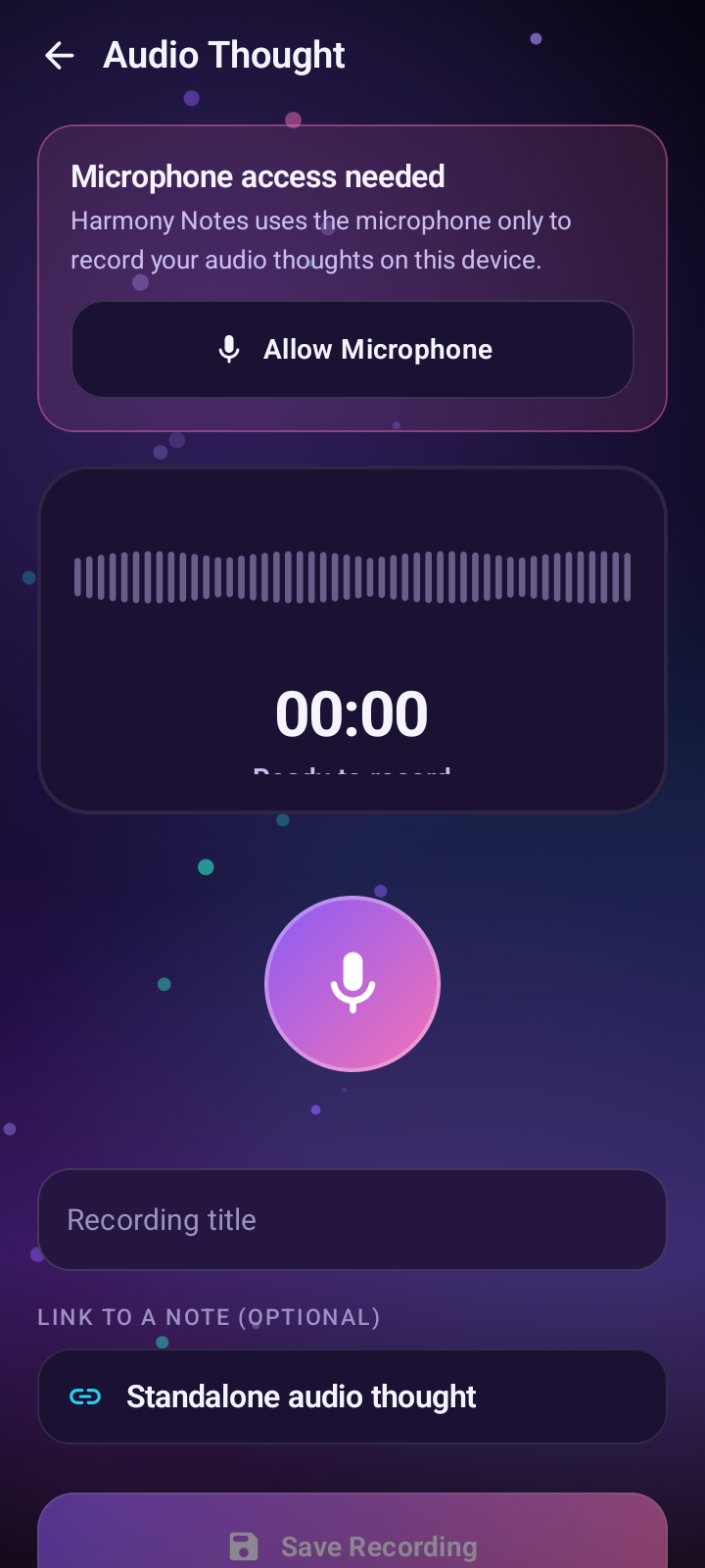 Harmony Notes audio thought screen